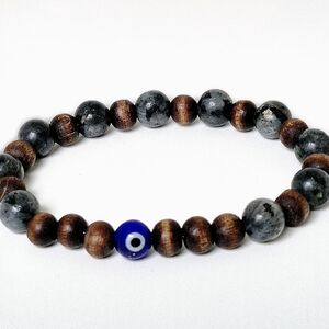 Labradorite Gemstone Bracelet Set, Boho Wood & Crystal Healing Jewelry